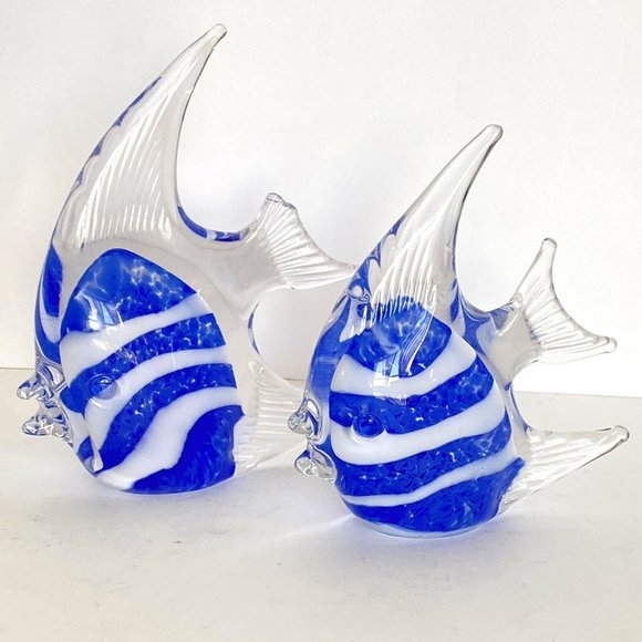 Glass Kissing Fish Sculpture Pair Blue White - Picture 3 of 9